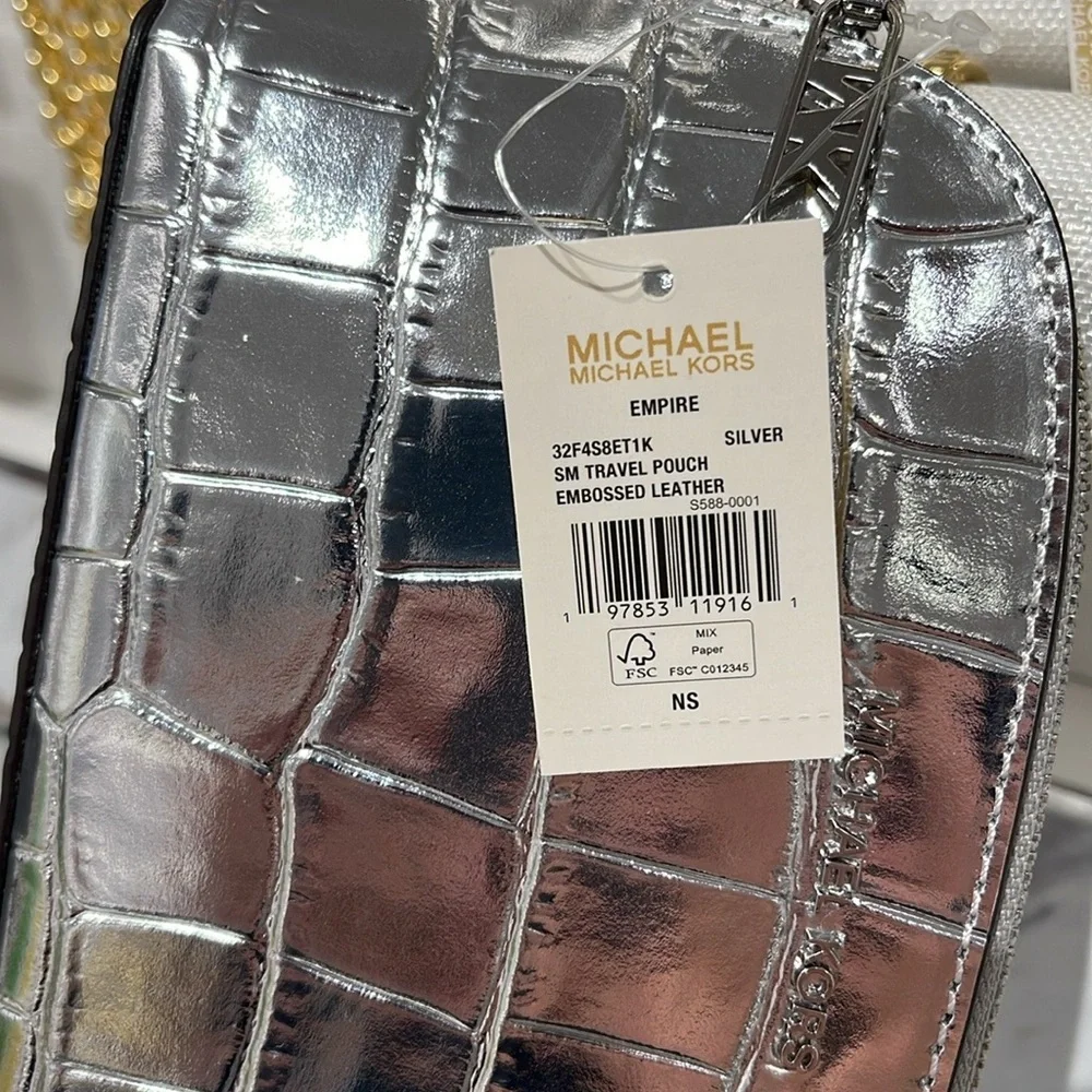 Michael Kors Empire Sm Metallic Crocodile Embossed Leather Travel Pouch Silver